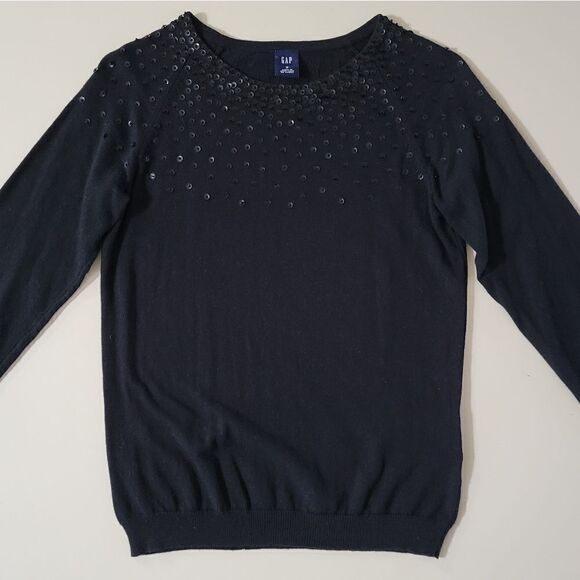 Gap Women's Black Elbow-length Roundneck Sequin & Bead Bodice Pullover Sweater - Picture 1 of 14